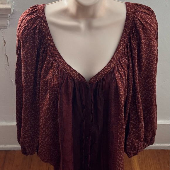 Free People burgundy brown Red mixed print button front dolman sleeve blouse, M - Picture 1 of 16